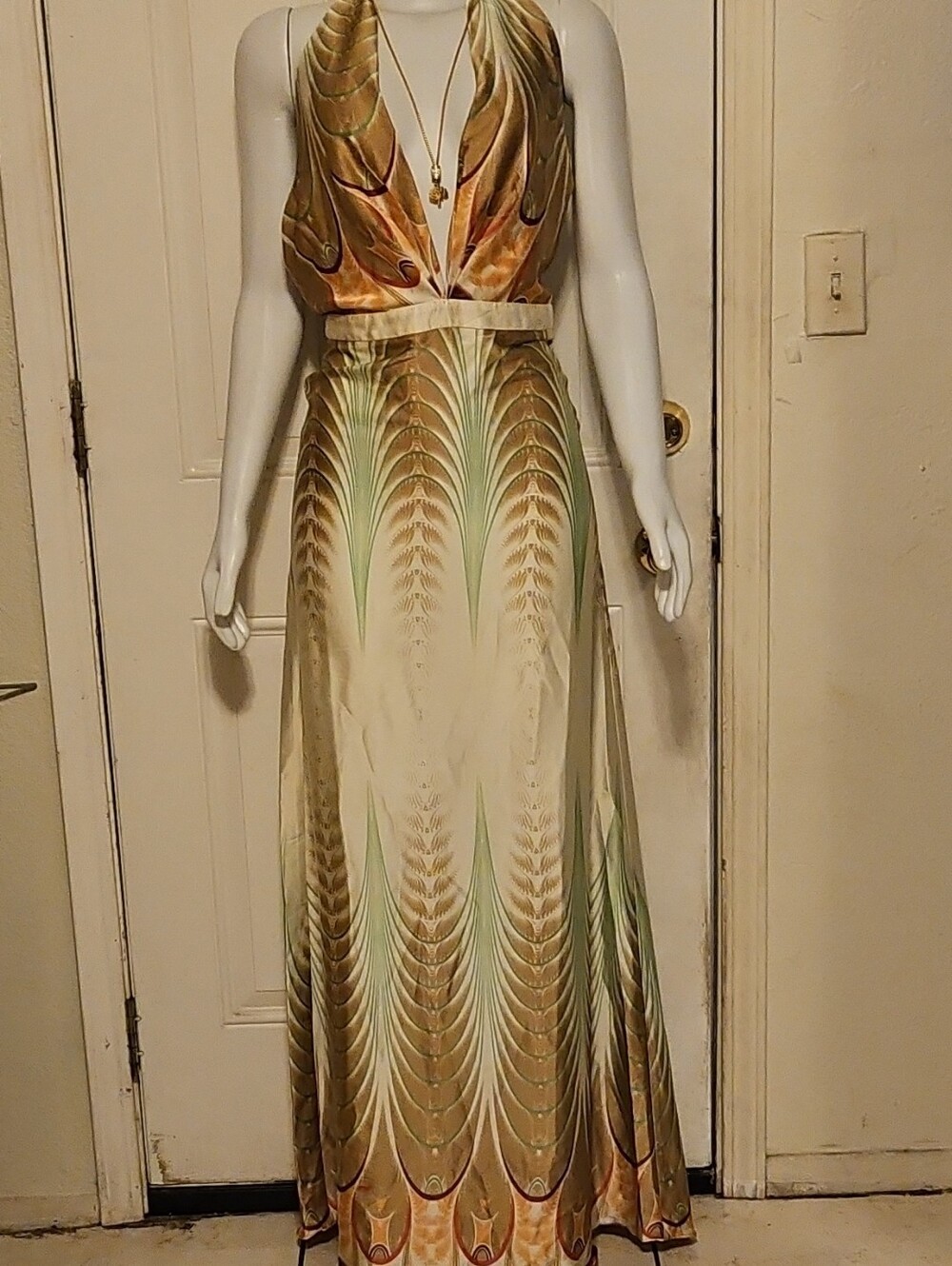 Luxxel Halter V-Neck Maxi Dress in Cream and Olive